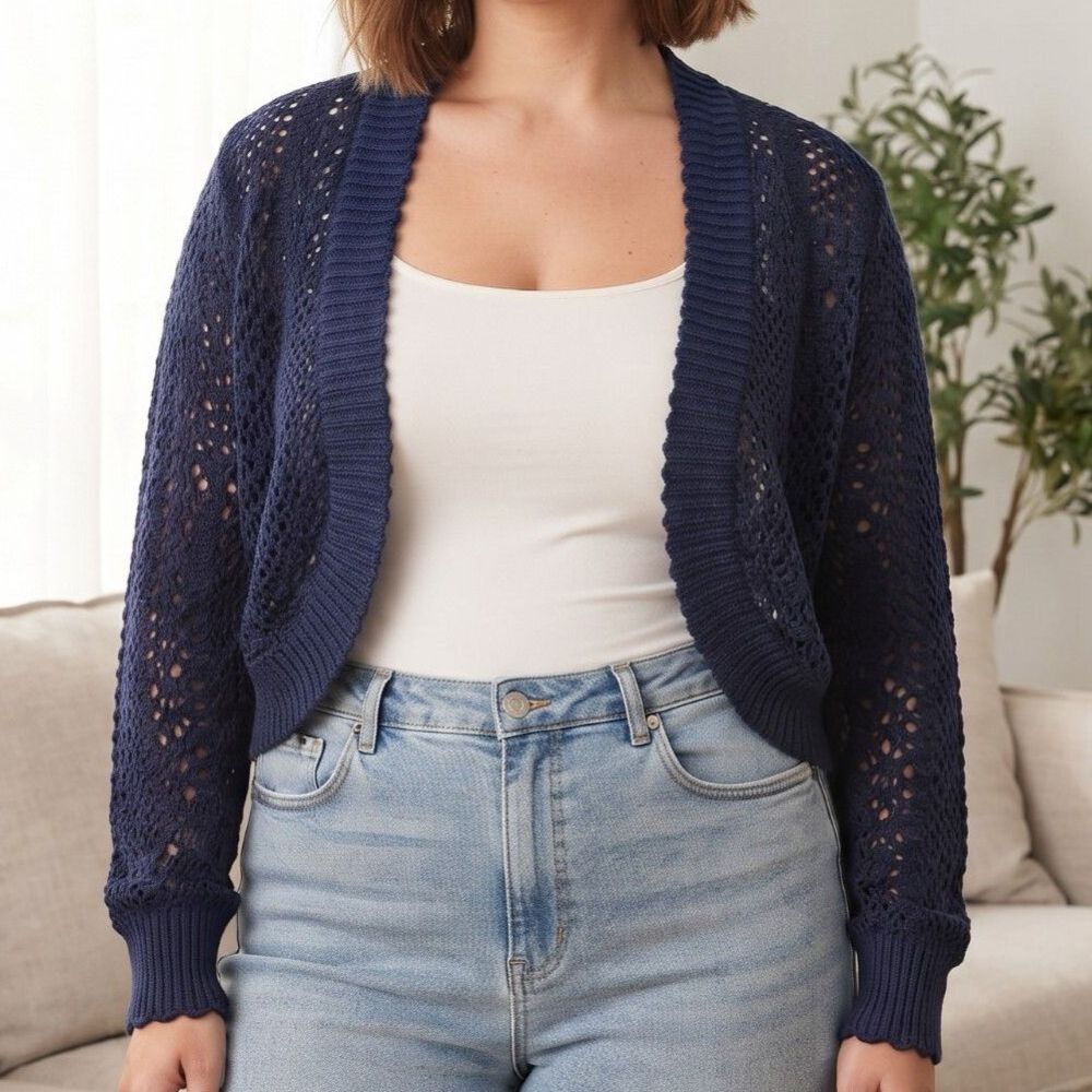 Jason Maxwell Womens XL Navy Blue Open Knit Crochet Bolero Shrug Cardigan